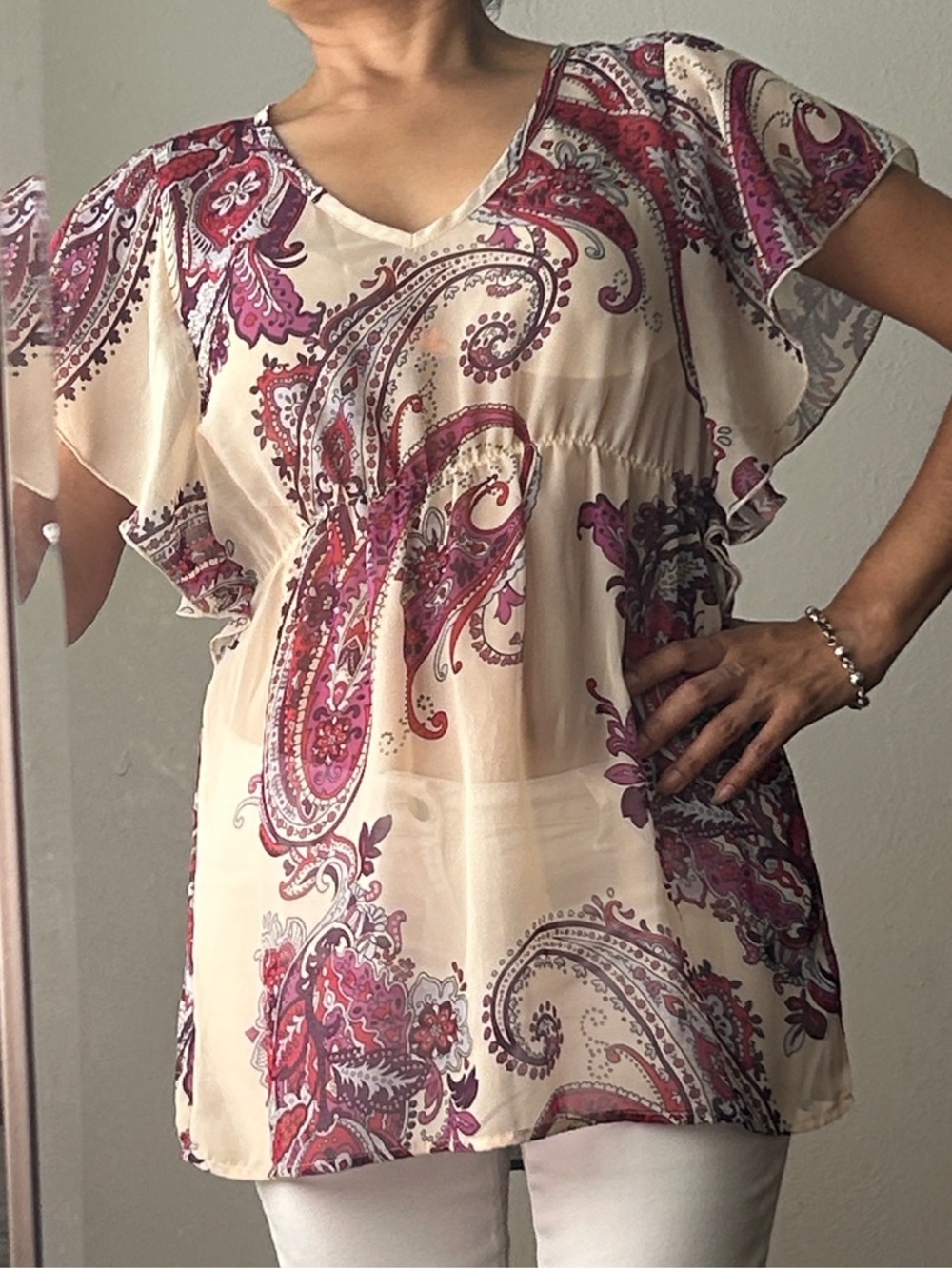 LILY STAR Small Cream Tunic with Burgundy Paisley NWOT